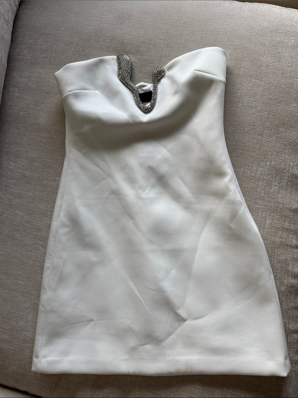 Zara Cream Strapless Mini Dress with Silver Embellished V-Neck - Picture 3 of 5